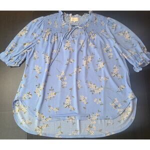 Melloday Women's Large Blouse Smocked Neck Fluttery Ruffle Sleeves Blue Flowers